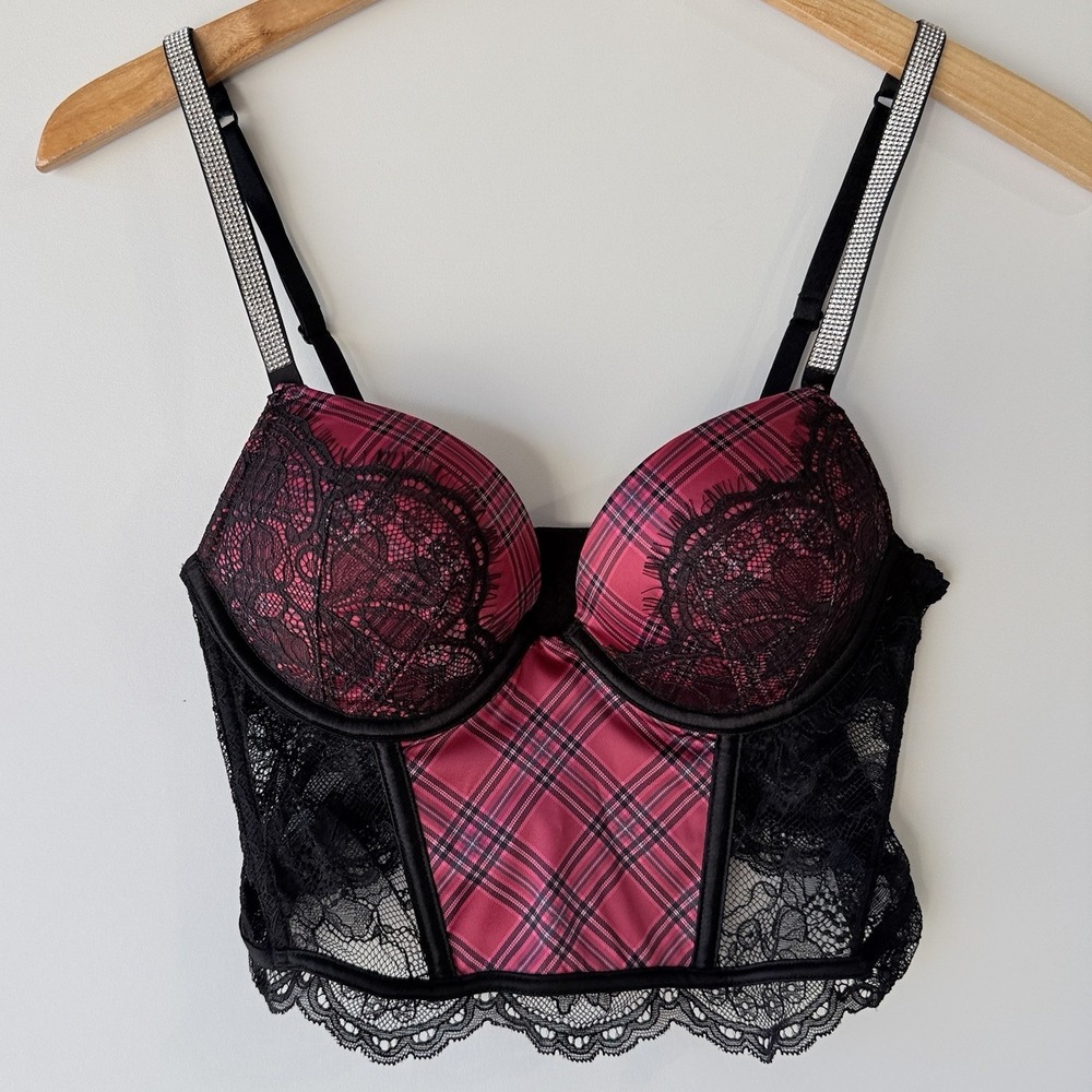 Victoria's Secret Bombshell Add 2 Cups Push Up Red Plaid Corset Bra 34A $78